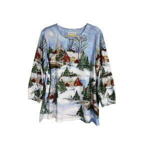 AD Womens 1X Holiday Novelty All Over Print Tunic Blouse Grandma Festive Cottage